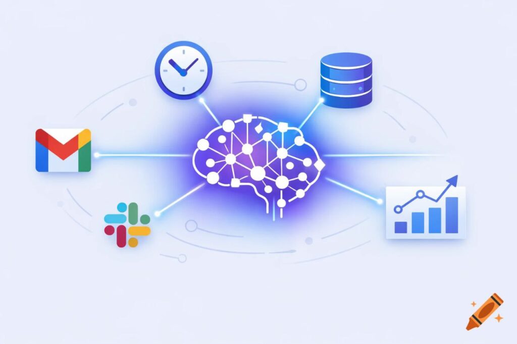 AI brain connected to Gmail, Slack, clock, database, and analytics icons showing tool integration