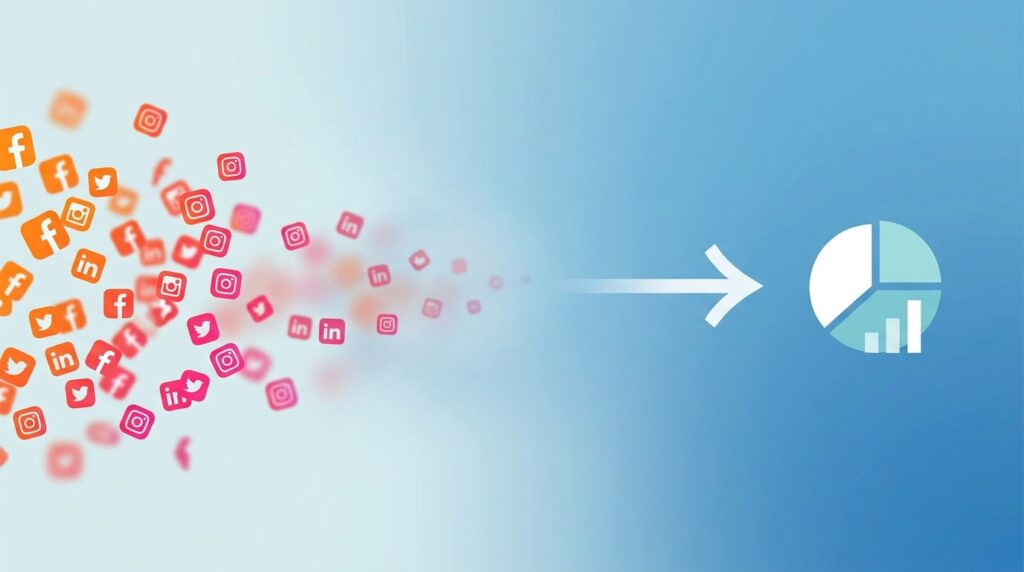 Minimalist illustration depicting overwhelming social media noise transitioning into a focused and clear digital marketing strategy